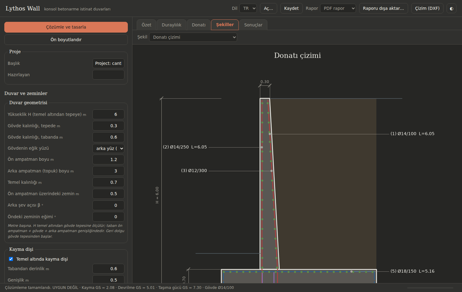 Reinforcement drawing — dark theme, Turkish